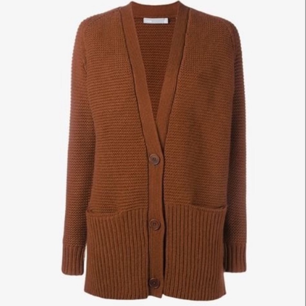Vince Chunky Knit Wool Cashmere V-Neck Cardigan Sweater - Rust Orange, Size M - Picture 3 of 15